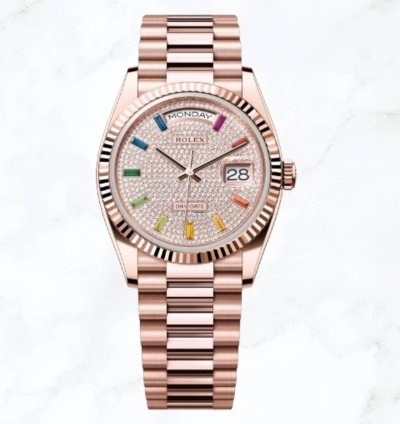 Rolex Day-date 36 Everose Gold Rainbow Pave Diamond Dial 128235 new Unworn