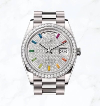 Rolex Day-date 36 White Gold Pave Baguette Dial 128349rbr new Unworn