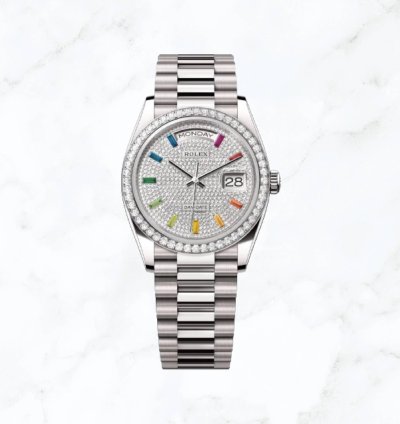Rolex Day-date 36 White Gold Pave Baguette Dial 128349rbr new Unworn