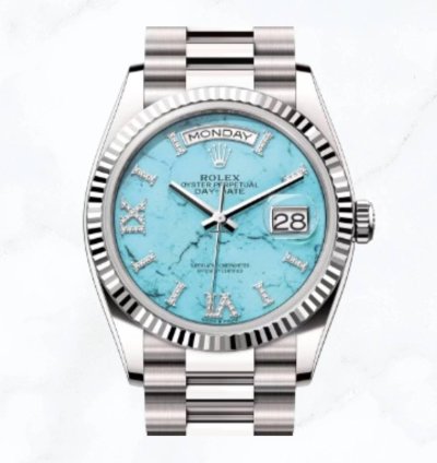 Rolex Day-date 36 White Gold Turquoise Diamond Dial 128239 new Unworn