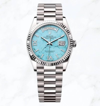 Rolex Day-date 36 White Gold Turquoise Diamond Dial 128239 new Unworn