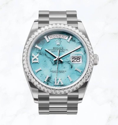 Rolex Day-date 36 White Gold Turquoise Roman Diamond Dial 128349rbr new Unworn