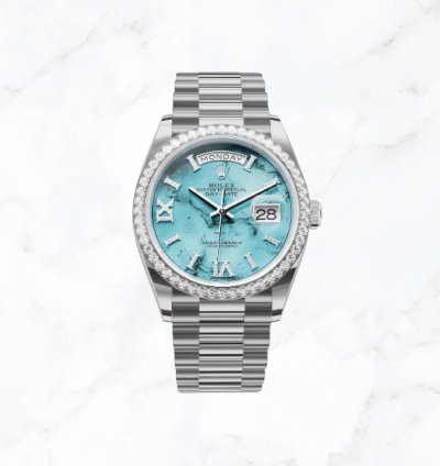 Rolex Day-date 36 White Gold Turquoise Roman Diamond Dial 128349rbr new Unworn