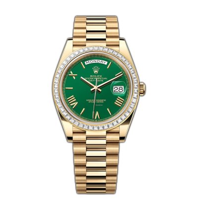 Rolex Day-date 40 40mm 18k Yellow Gold President Baguette Diamond Bezel Green Roman Dial