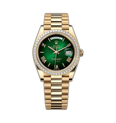 Rolex Day-date 40 40mm 18k Yellow Gold President Baguette Diamond Bezel Green Roman Ombre