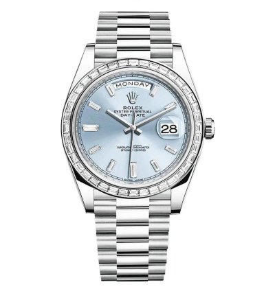 Rolex Day-date 40 40mm Baguette Diamond Bezel Platinum Ice Blue Diamond Dial 228239tbr