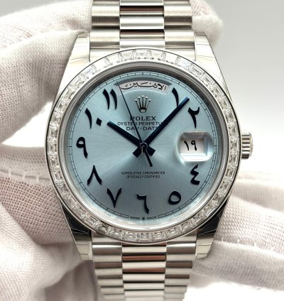 Rolex Day-date 40 40mm Platinum Ice Blue Arabic Dial Diamond Baguette Bezel 228396tbr 2022