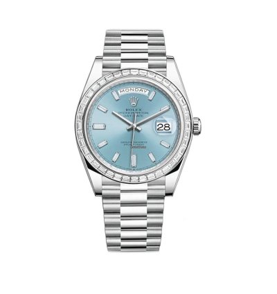 Rolex Day-date 40 40mm Platinum President Baguette Diamond Bezel Ice Blue Baguette Diamond Dial