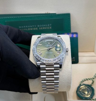 Rolex Day-date 40 Baguette Diamond Bezel Olive Green Roman Dial 228396tbr German Day Wheel