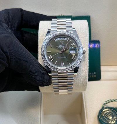 Rolex Day-date 40 Baguette Diamond Bezel Olive Green Roman Dial 228396tbr German Day Wheel