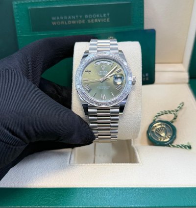 Rolex Day-date 40 Baguette Diamond Bezel Olive Green Roman Dial 228396tbr German Day Wheel