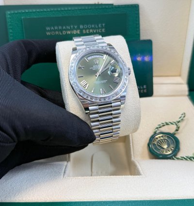 Rolex Day-date 40 Baguette Diamond Bezel Olive Green Roman Dial 228396tbr German Day Wheel