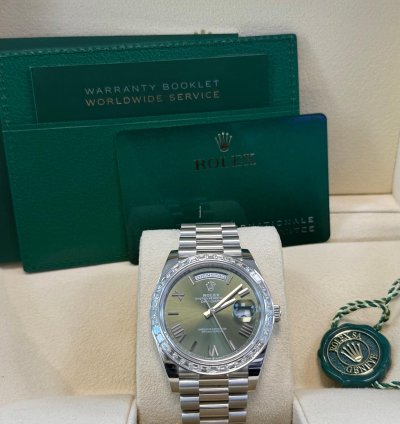 Rolex Day-date 40 Baguette Diamond Bezel Olive Green Roman Dial 228396tbr German Day Wheel