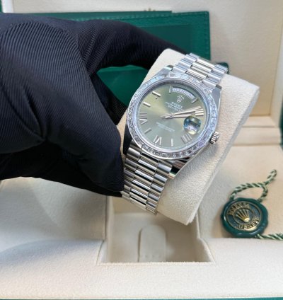Rolex Day-date 40 Baguette Diamond Bezel Olive Green Roman Dial 228396tbr German Day Wheel