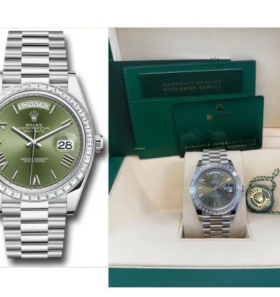 Rolex Day-date 40 Baguette Diamond Bezel Olive Green Roman Dial 228396tbr German Day Wheel