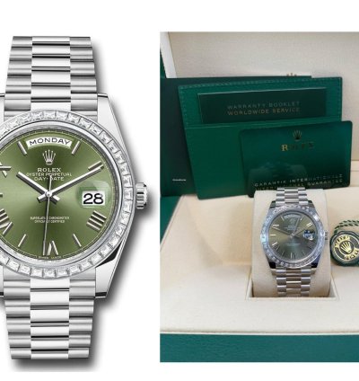 Rolex Day-date 40 Baguette Diamond Bezel Olive Green Roman Dial President Bracelet 228396tbr