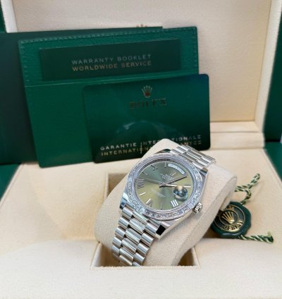 Rolex Day-date 40 Baguette Diamond Bezel Olive Green Roman Dial President Bracelet 228396tbr