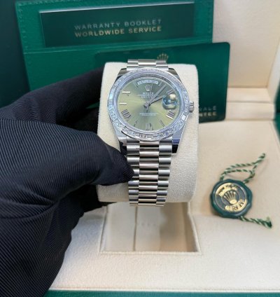 Rolex Day-date 40 Baguette Diamond Bezel Olive Green Roman Dial President Bracelet 228396tbr