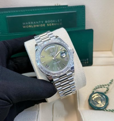 Rolex Day-date 40 Baguette Diamond Bezel Olive Green Roman Dial President Bracelet 228396tbr