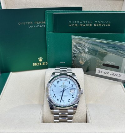 Rolex Day-date 40 Ice Blue Arabic President 228206 Platinum New Full Set New