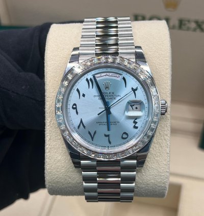 Rolex Day-date 40 Ice Blue With Arabic Numerals Dial Baguette Diamond Bezel Full Platinum