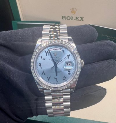 Rolex Day-date 40 Ice Blue With Arabic Numerals Dial Baguette Diamond Bezel Full Platinum