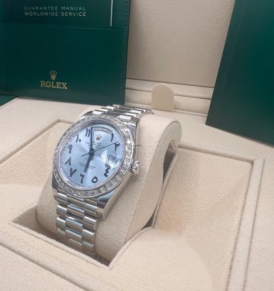 Rolex Day-date 40 Ice Blue With Arabic Numerals Dial Baguette Diamond Bezel Full Platinum