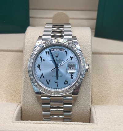 Rolex Day-date 40 Ice Blue With Arabic Numerals Dial Baguette Diamond Bezel Full Platinum