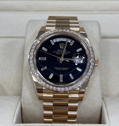 Rolex Day-date 40 Onyx Diamond Dial Baguette Diamond Bezel