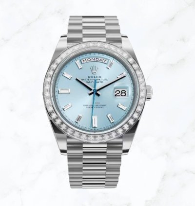Rolex Day-date 40 Platinum Ice Blue Baguette Dial 228396tbr new Unworn