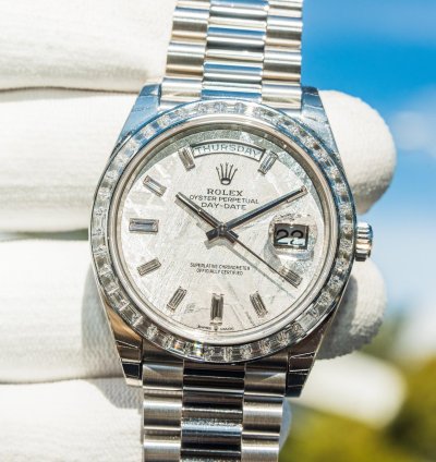Rolex Day-date 40 Unworn 2023 Day-date 40mm Platinum With Baguette Bezel Meteorite 228396tbr
