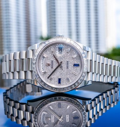 Rolex Day-date 40 Unworn Day-date 40mm Platinum With Baguette Bezel 228396tbr Pave Dial