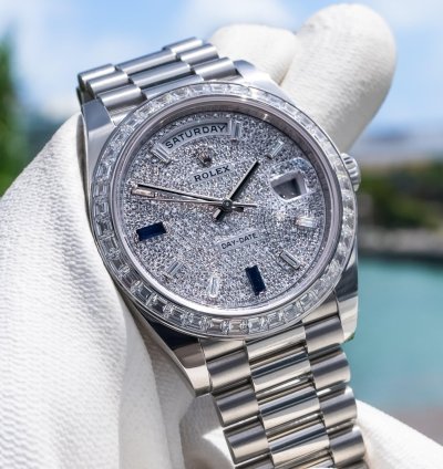 Rolex Day-date 40 Unworn Day-date 40mm Platinum With Baguette Bezel 228396tbr Pave Dial