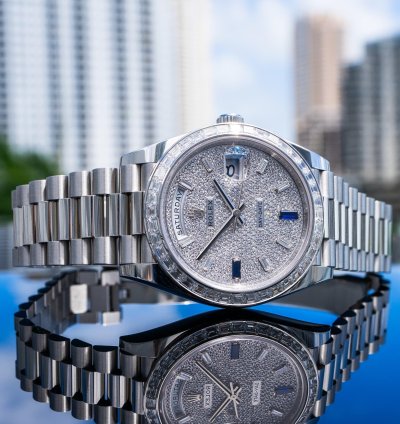 Rolex Day-date 40 Unworn Day-date 40mm Platinum With Baguette Bezel 228396tbr Pave Dial