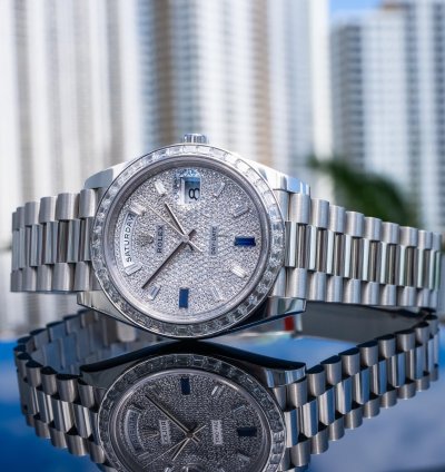 Rolex Day-date 40 Unworn Day-date 40mm Platinum With Baguette Bezel 228396tbr Pave Dial