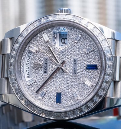Rolex Day-date 40 Unworn Day-date 40mm Platinum With Baguette Bezel 228396tbr Pave Dial