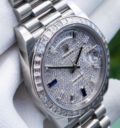 Rolex Day-date 40 Unworn Day-date 40mm Platinum With Baguette Bezel 228396tbr Pave Dial