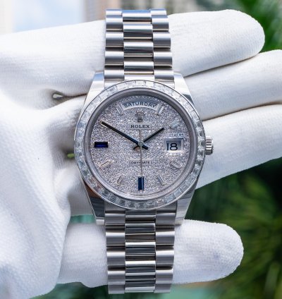 Rolex Day-date 40 Unworn Day-date 40mm Platinum With Baguette Bezel 228396tbr Pave Dial