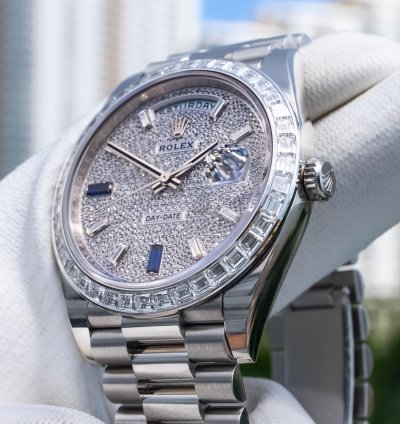 Rolex Day-date 40 Unworn Day-date 40mm Platinum With Baguette Bezel 228396tbr Pave Dial