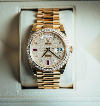 Rolex Day-date 40 With Pave Diamond Dial With 2 Ruby Baguettes 18k Yellow Gold