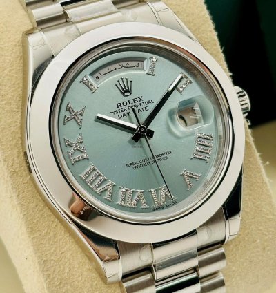 Rolex Day-date Ii 41mm 218206 Ice Blue Dial Roman Diamond Index Arabic Day And Date