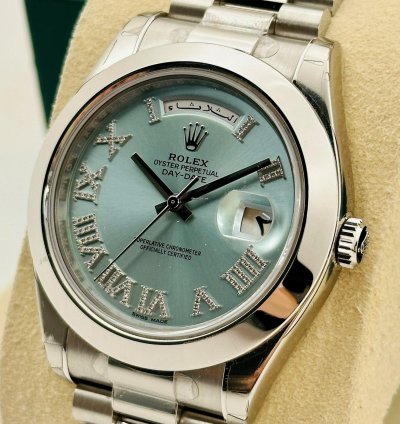 Rolex Day-date Ii 41mm 218206 Ice Blue Dial Roman Diamond Index Arabic Day And Date