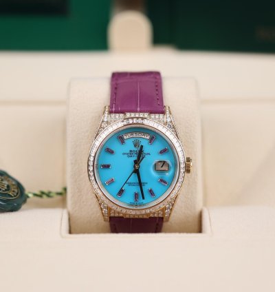 Rolex Day-date Purple Strap Blue Dial Factory Daydate Diamonds - 2023 - Lc100 - Neu Ungetragen - Fullse