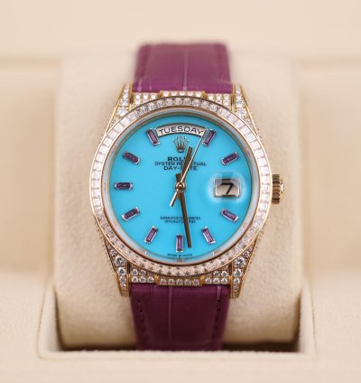 Rolex Day-date Purple Strap Blue Dial Factory Daydate Diamonds - 2023 - Lc100 - Neu Ungetragen - Fullse