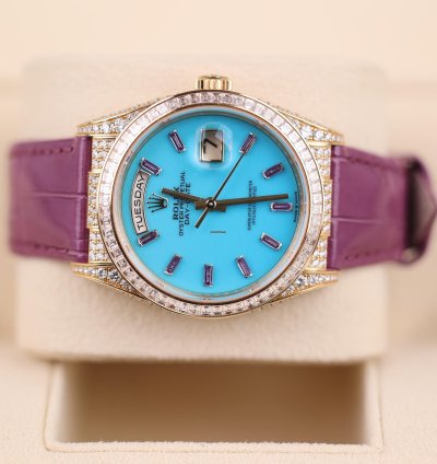 Rolex Day-date Purple Strap Blue Dial Factory Daydate Diamonds - 2023 - Lc100 - Neu Ungetragen - Fullse