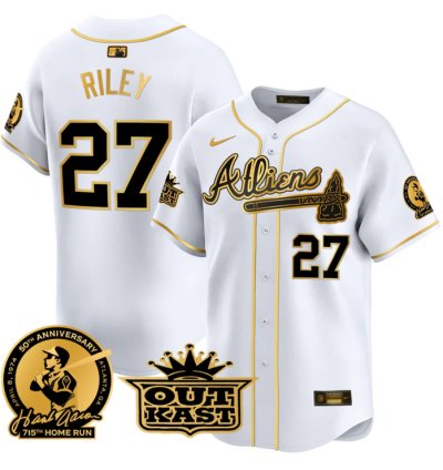 Austin Riley Jersey 27 Atlanta Braves Atliens Hank Aaron Patch Limited Stitched White Gold