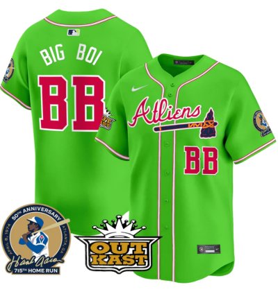Big Boi Jersey bb Atlanta Braves Atliens Hank Aaron Patch Limited Stitched Bright Green