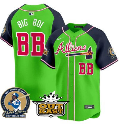 Big Boi Jersey bb Atlanta Braves Atliens Hank Aaron Patch Limited Stitched Green Alternate