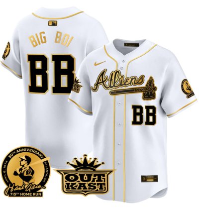 Big Boi Jersey bb Atlanta Braves Atliens Hank Aaron Patch Limited Stitched White Gold