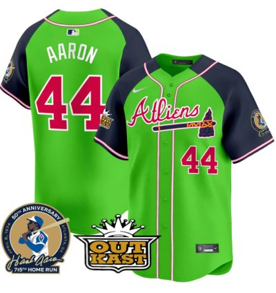 Hank Aaron Jersey 44 Atlanta Braves Atliens Patch Limited Stitched Green Alternate